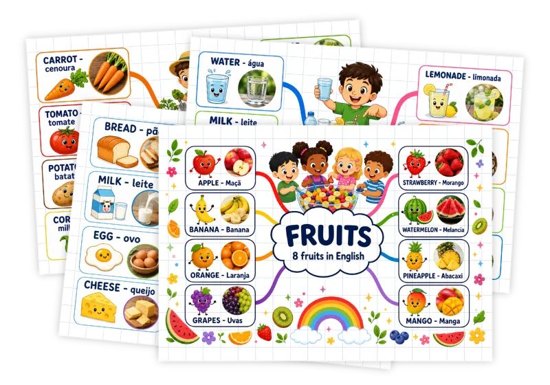 Cartões de frutas, comidas e bebidas em inglês