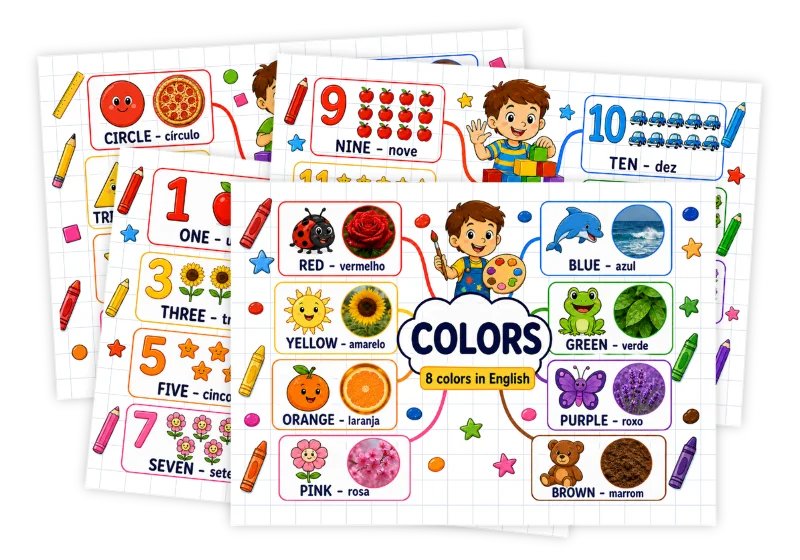 Cartões de cores, formas e números em inglês