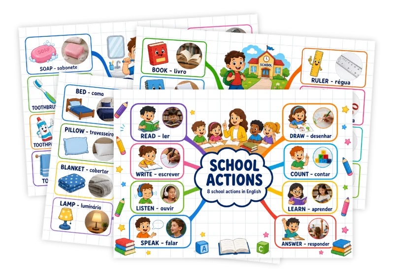 Cartões de casa, escola e objetos em inglês